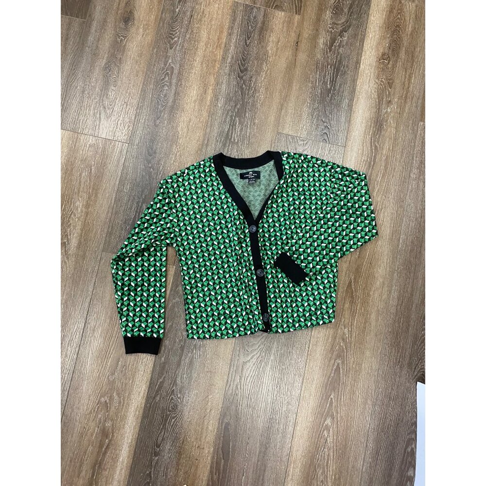 Andrew Marc Sport Green & Black Geometric Pattern Button-Up Preppy Cardigan L